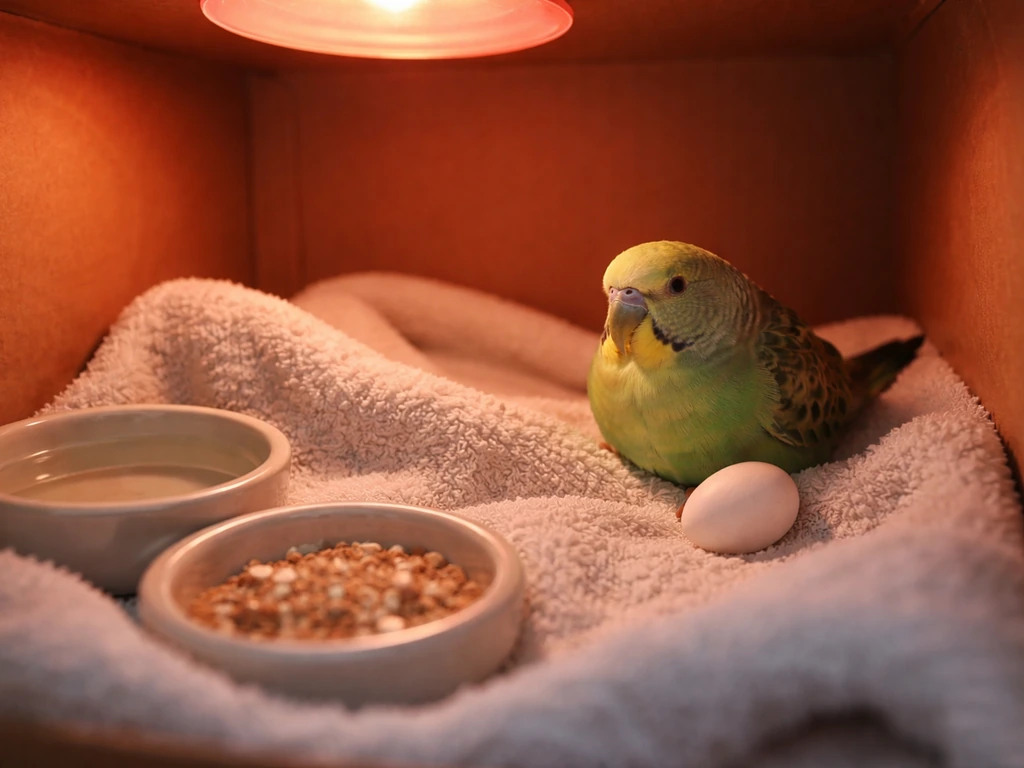 Warm recovery setup with a small pet bird near a calcium-colored egg-like prop, signaling urgent vet care
