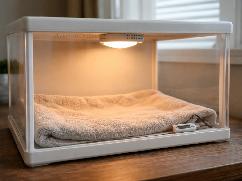 Warm towel-lined enclosure with thermometer probe prepared for an avian patient awaiting vet care.