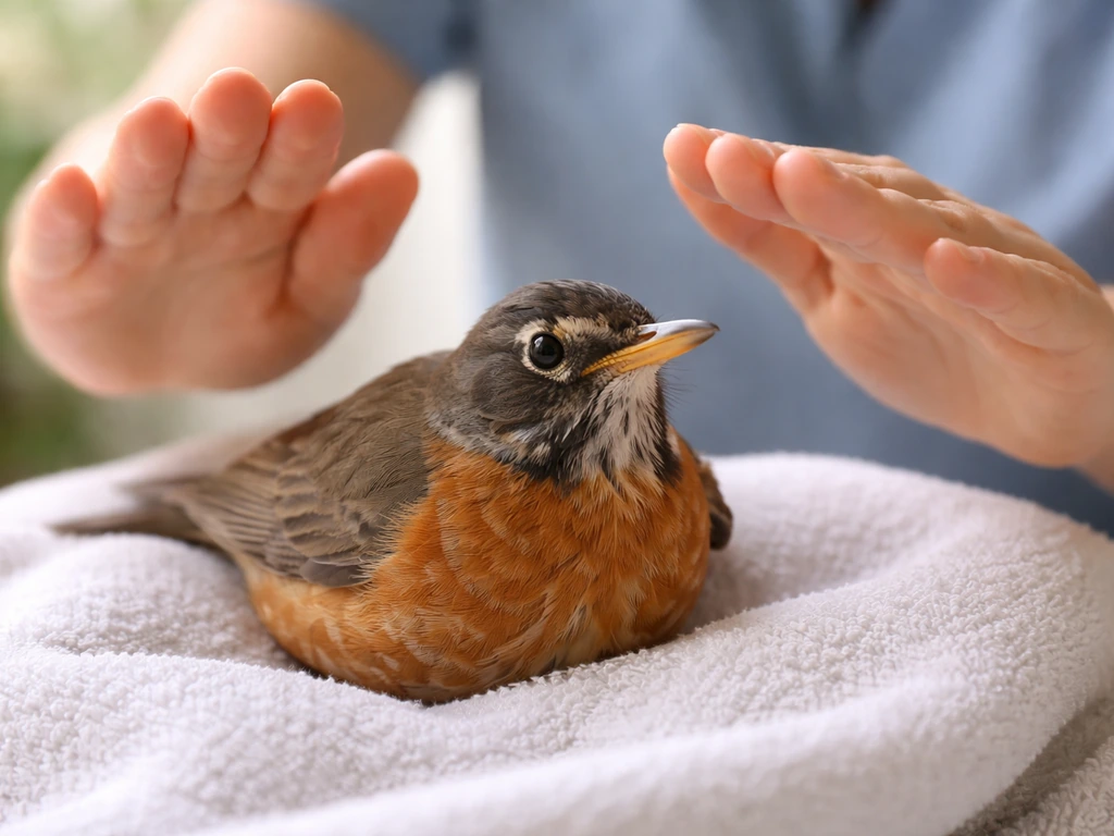 Caregiver’s hands held back in warning pose above a bird, not touching its abdomen.