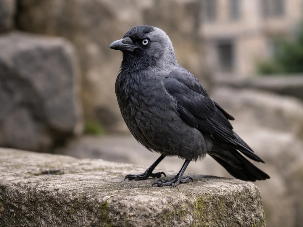 A jackdaw perched on a stone ledge with dark iridescent feathers in a softly blurred rocky urban background.