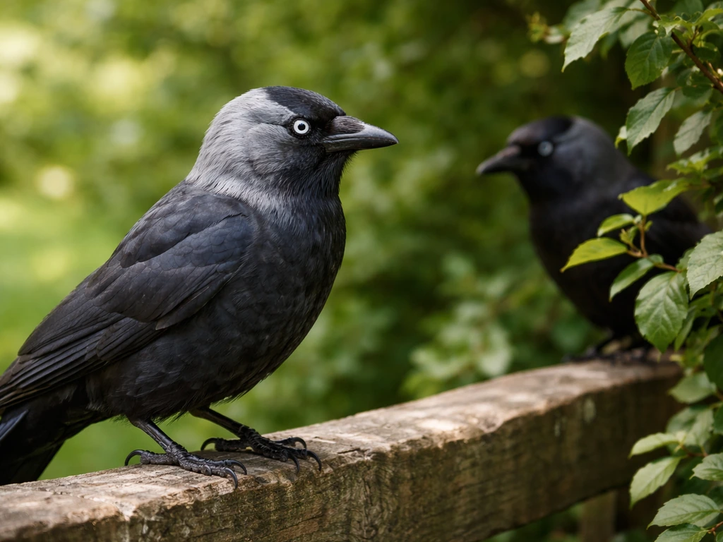 Close-up of a jackdaw perched near leafy branches with another jackdaw nearby in natural light.