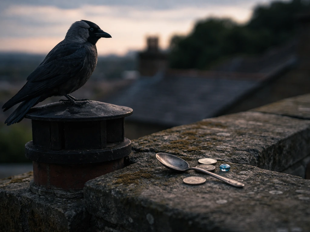 A lone jackdaw near a rooftop edge with small shiny trinkets scattered by a stone wall