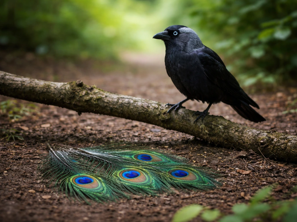A jackdaw perched near scattered peacock feathers, bright natural light suggesting “jackdaw energy.”