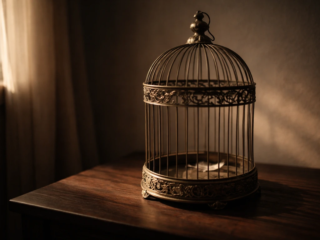 A vintage hirono bird cage on a dark tabletop with soft warm light creating a sense of symbolic confinement.