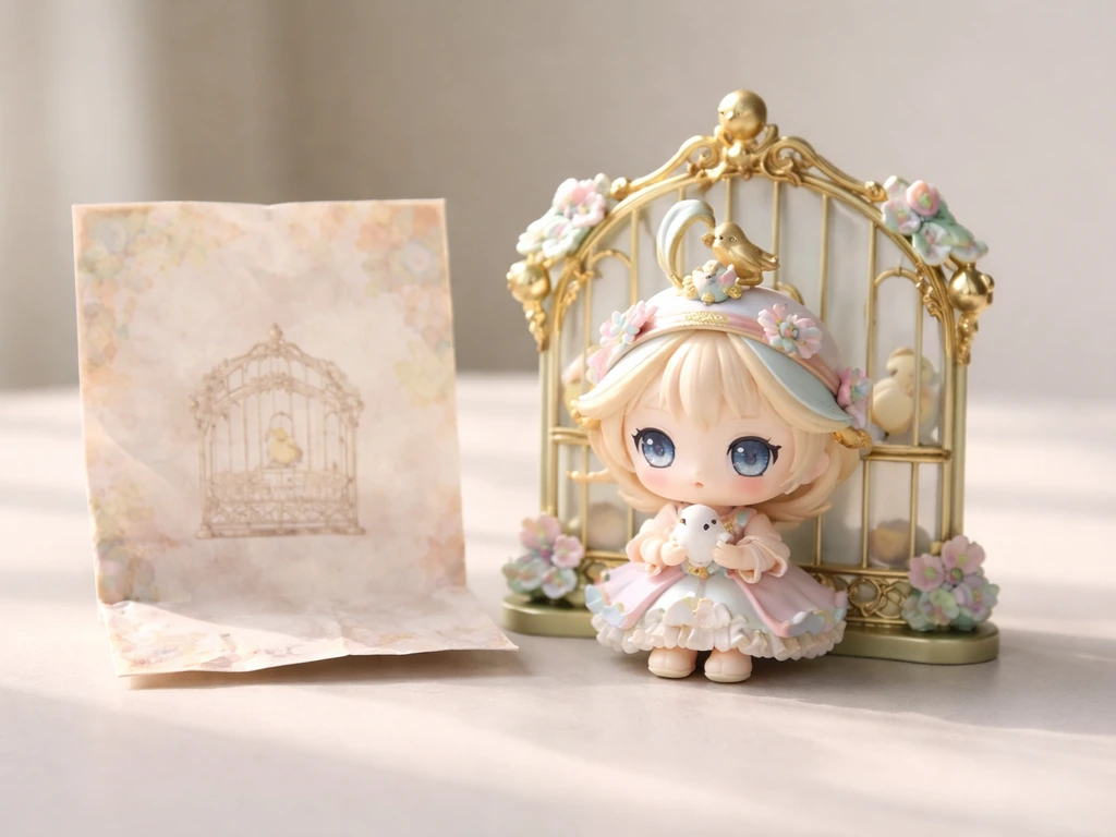 Close-up of a Hirono-themed blind box toy figure inside an open birdcage-style packaging