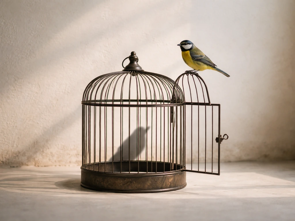 A small bird perched outside a cage while another bird-like silhouette suggests confinement inside.