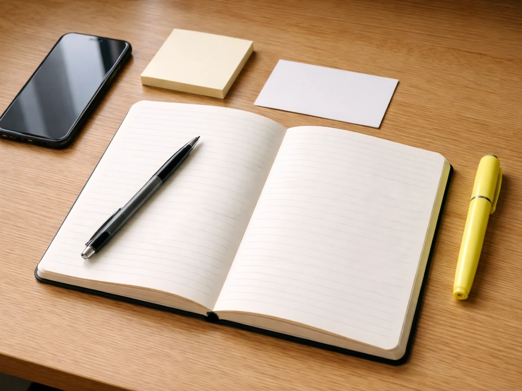 Close-up of an open notebook beside a smartphone, with a pen and a highlighter for a meaning-check checklist