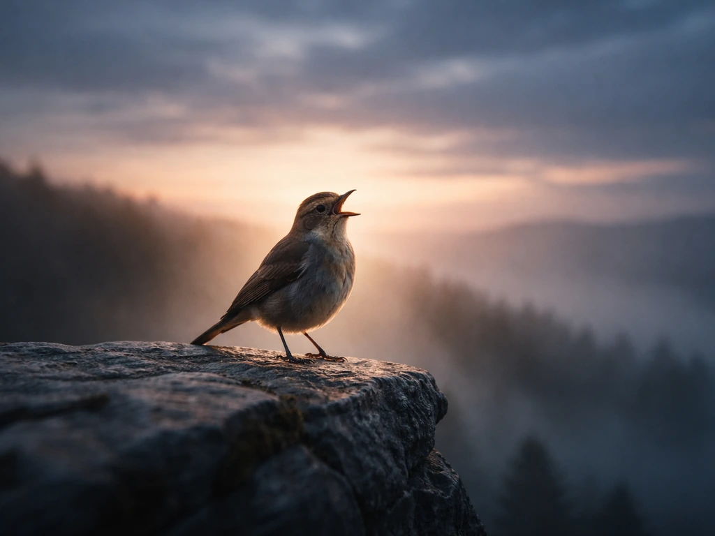 One bird perched on a high rocky lookout at dusk, glowing horizon light suggesting a beacon signal.