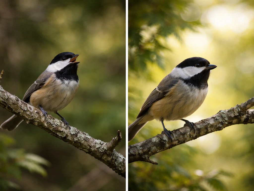 Side-by-side vignettes of a wild bird alert on a branch, contrasting literal watchfulness with symbolic attention.