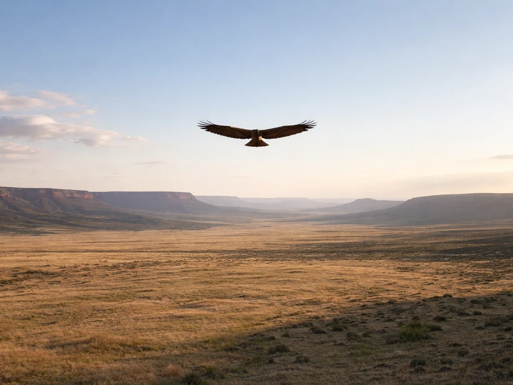 A hawk or eagle soaring in flight over a sunlit landscape, guiding the eye toward the horizon.
