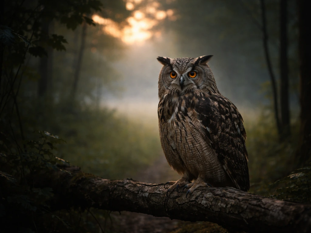 An owl perched at the edge of a dim forest clearing, eyes forward, beacon-like presence