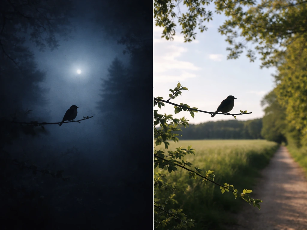 Split image: bird silhouette in a foggy dream night vs same bird on a branch in daytime outdoors