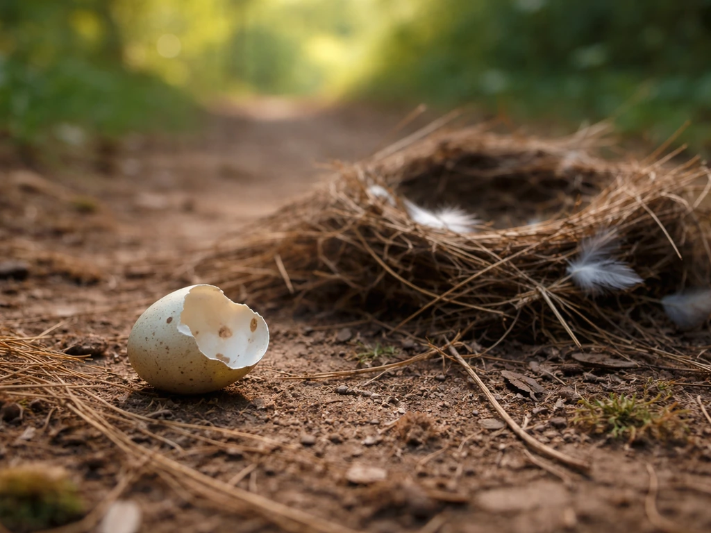 Broken bird egg on dirt beside a damaged nest in a quiet woodland, natural light, minimal background.