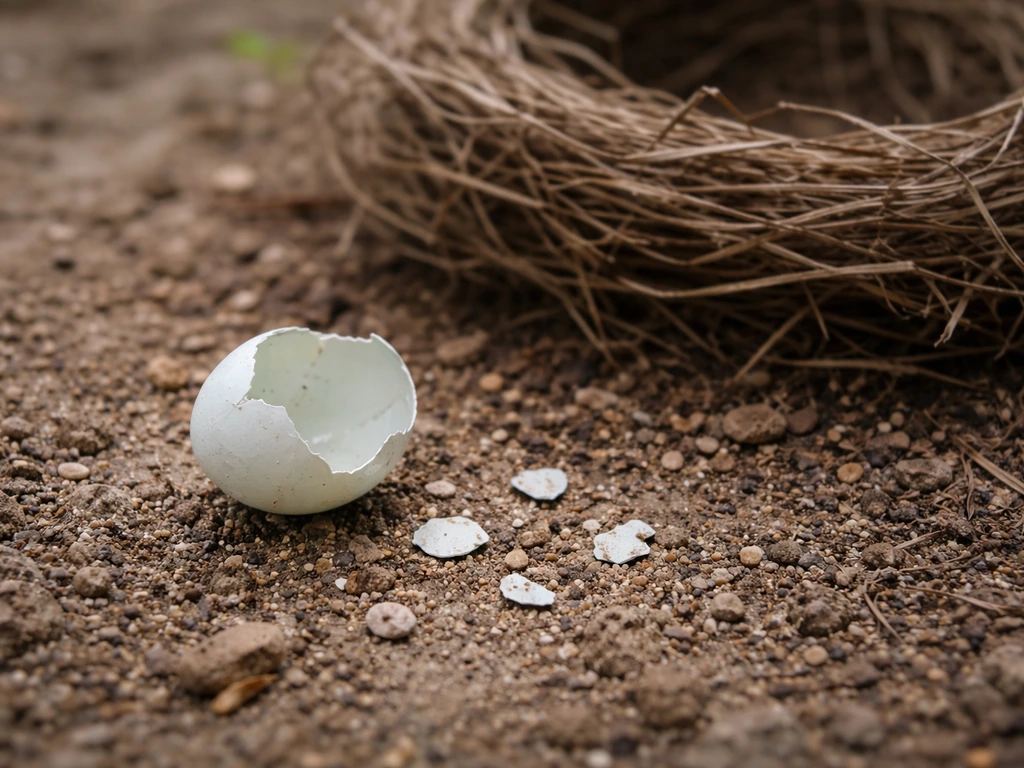 Cracked bird egg shell fragments on outdoor ground near a simple nest