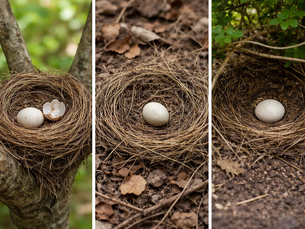 Three simple bird nests in different locations, showing one intact egg and one cracked egg