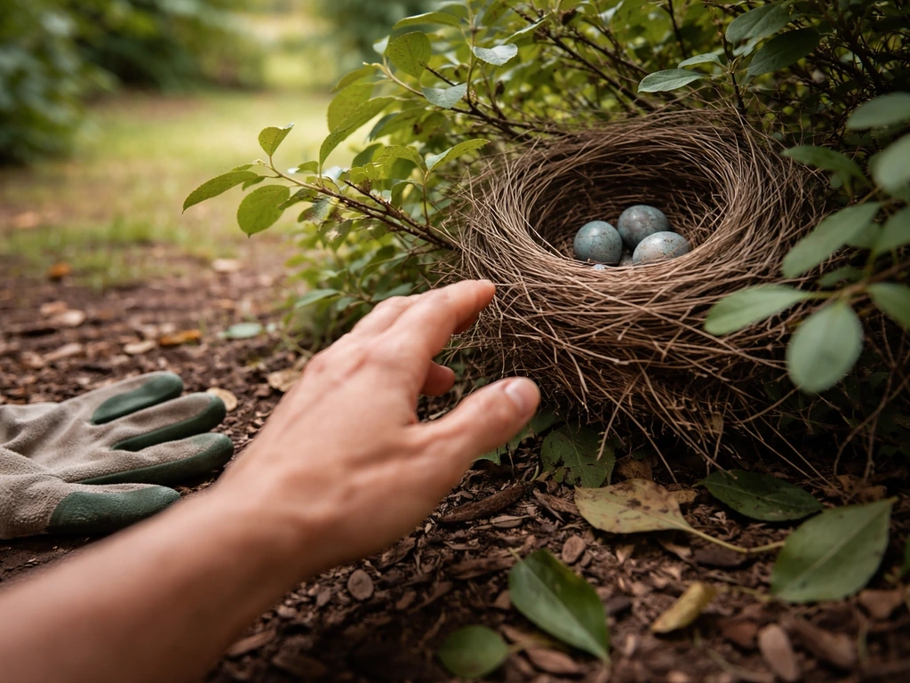 A hand reaching toward a bird’s nest while gloves lie discarded nearby, nest area disturbed