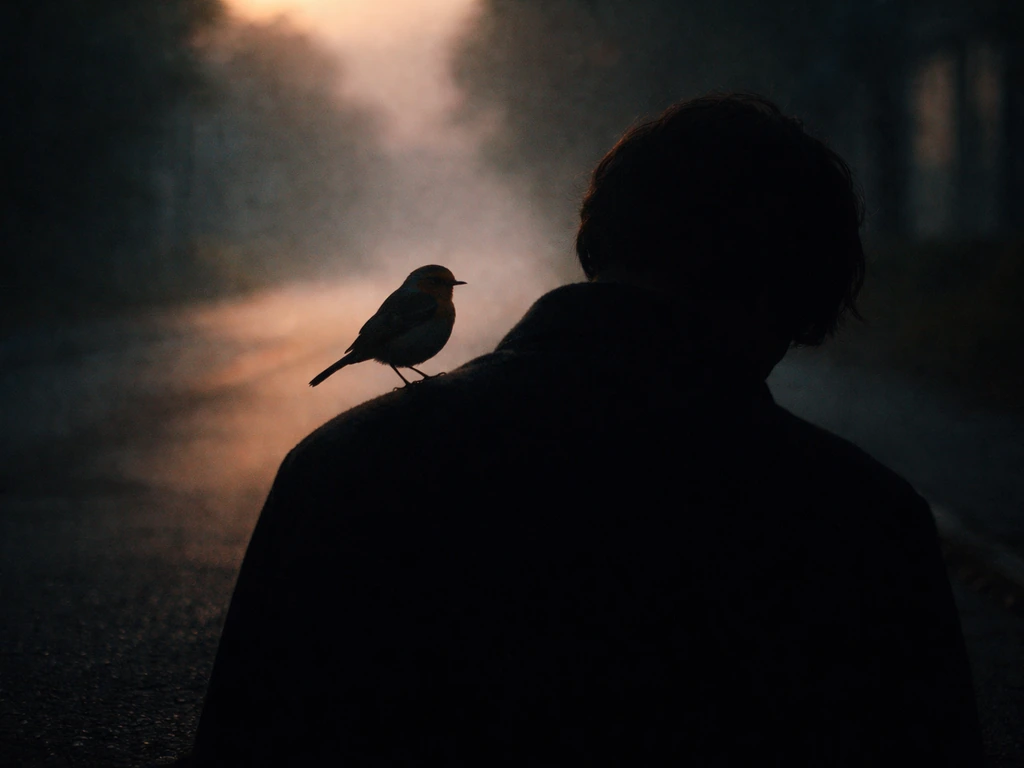 A small bird perched on the edge of a shadowed silhouette, evoking a traditional folk-ballad mood.