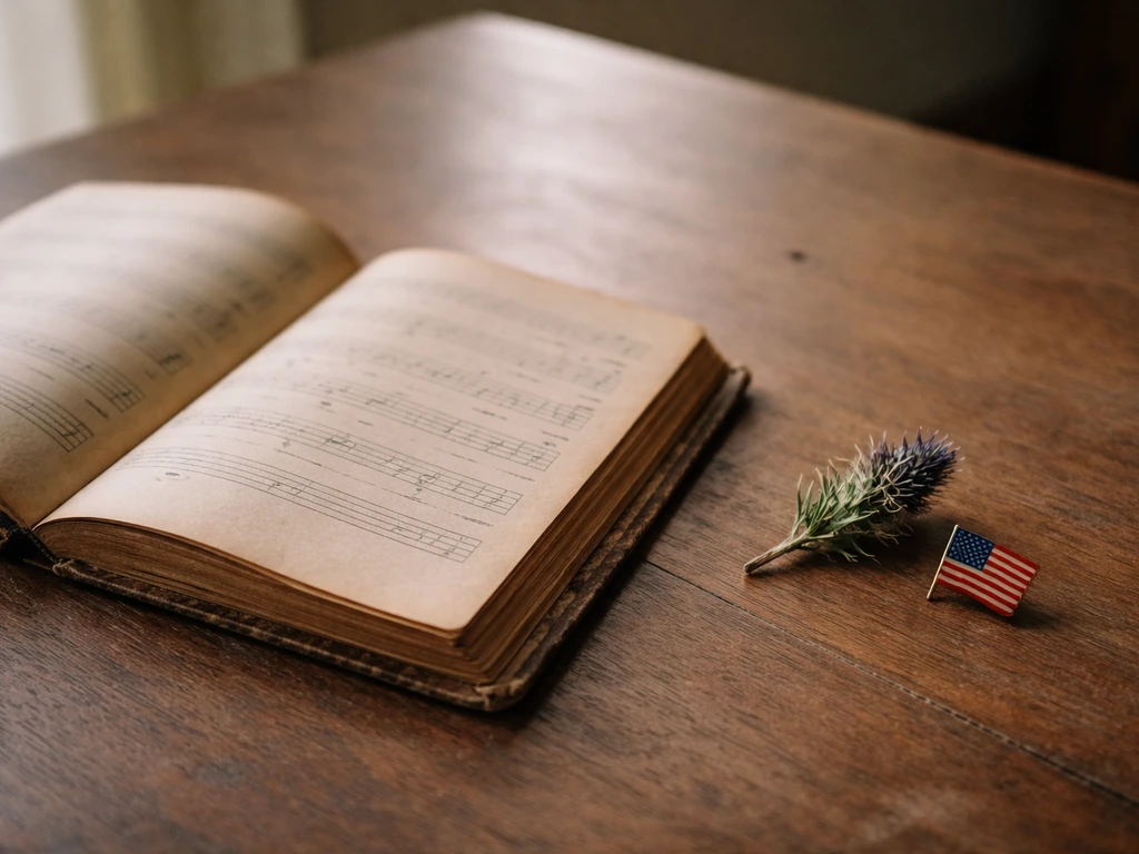 Minimal scene showing an old ballad book open beside a small Scottish-themed thistle card and a separate US flag pin.