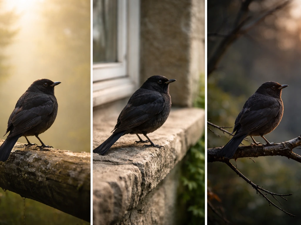 Triptych showing one bird perched on different natural surfaces with three distinct light moods for omen, foreshadowing,