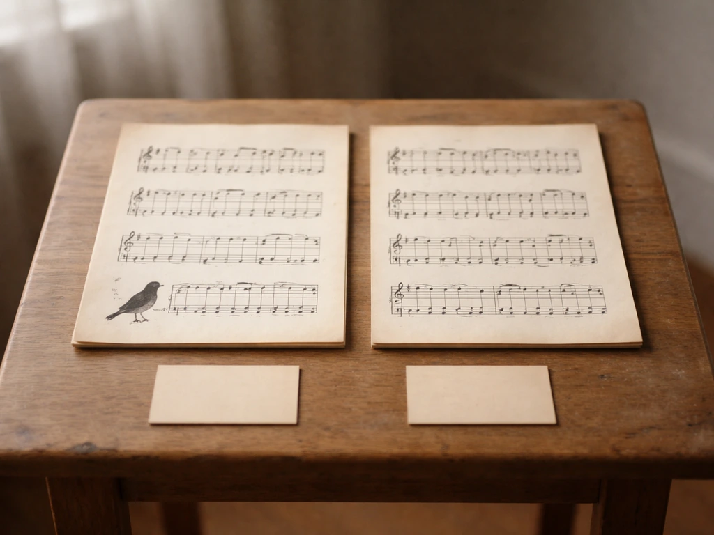 Two side-by-side old songbook pages, one with a small bird silhouette and one without.