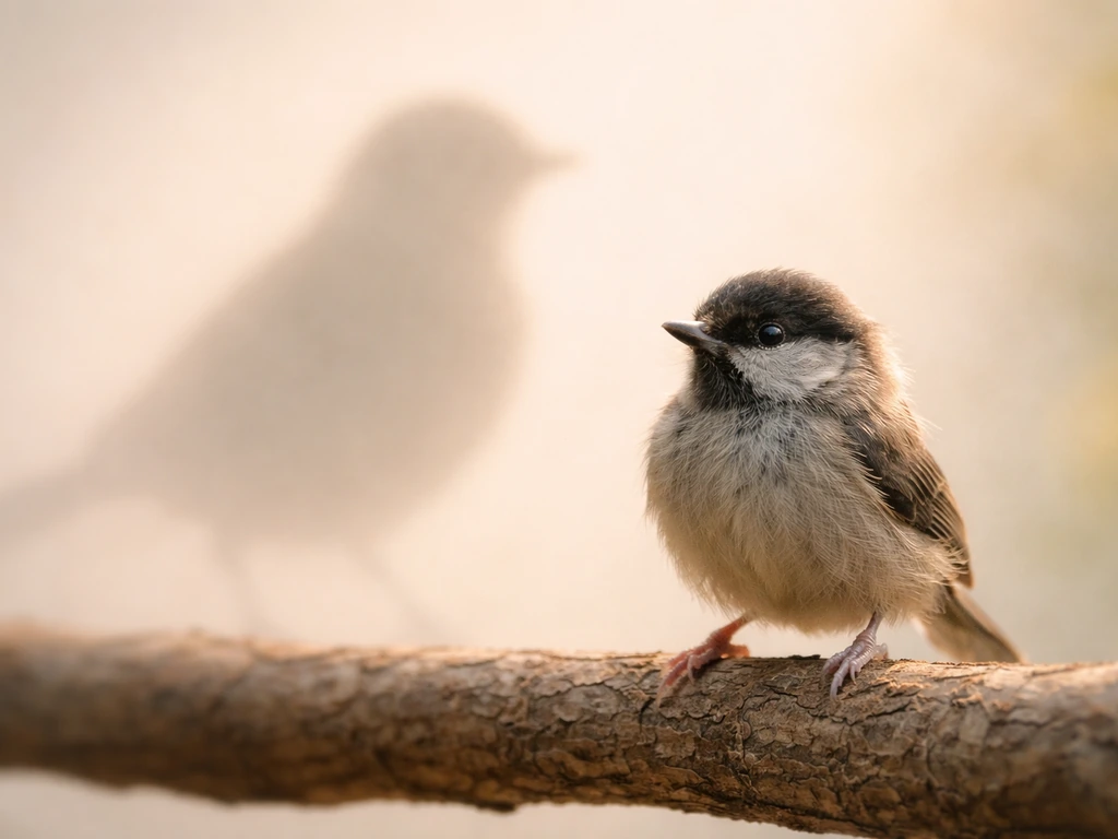 Young bird on a branch beside a subtle shadow silhouette suggesting imprinting and symbolism.