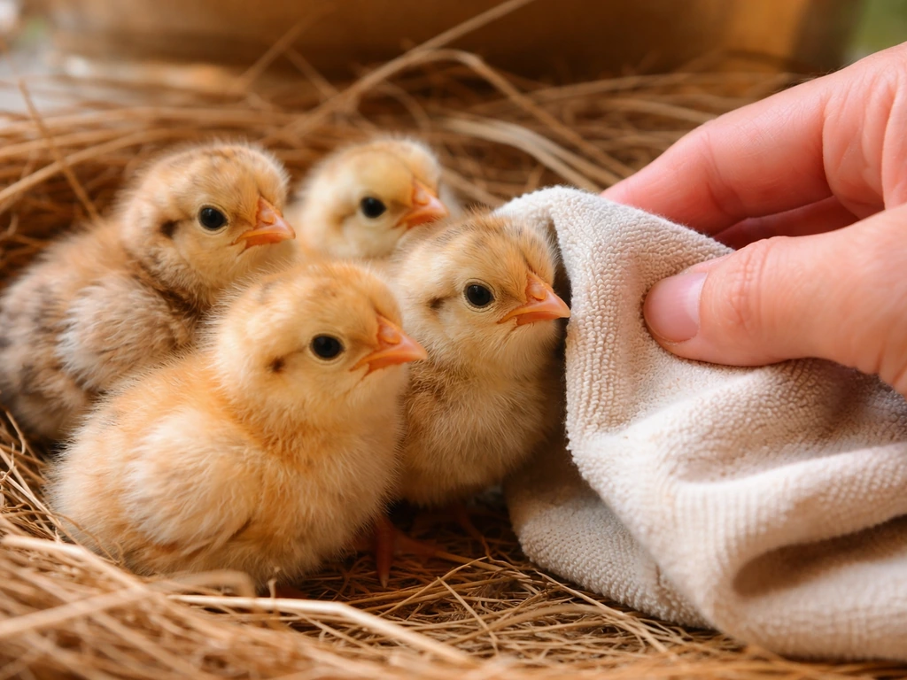 Newly hatched precocial chicks huddling under warm cloth as a hand-held surrogate keeps them close