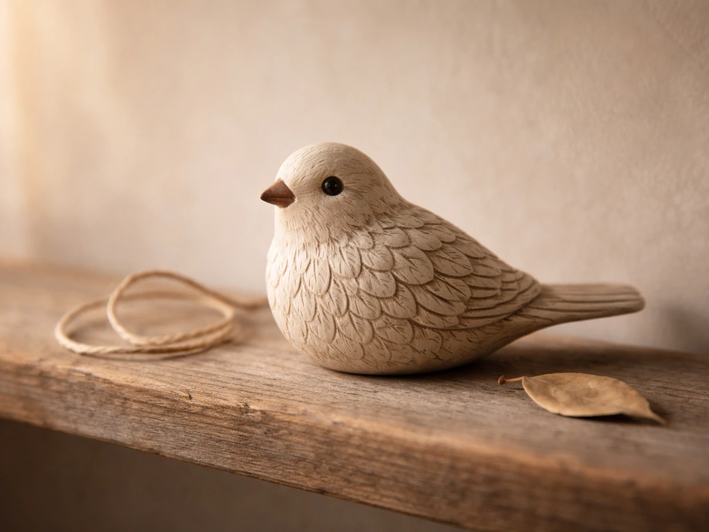 Close-up of a small bird-patterned ceramic ornament on a wooden shelf, warm light symbolizing imprinting