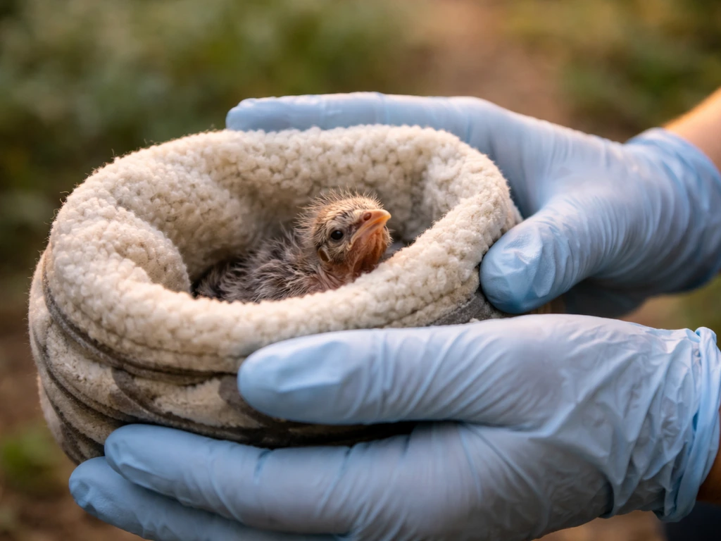 Gloved hands gently holding a warm container with a tiny baby bird for safe wildlife rescue care.