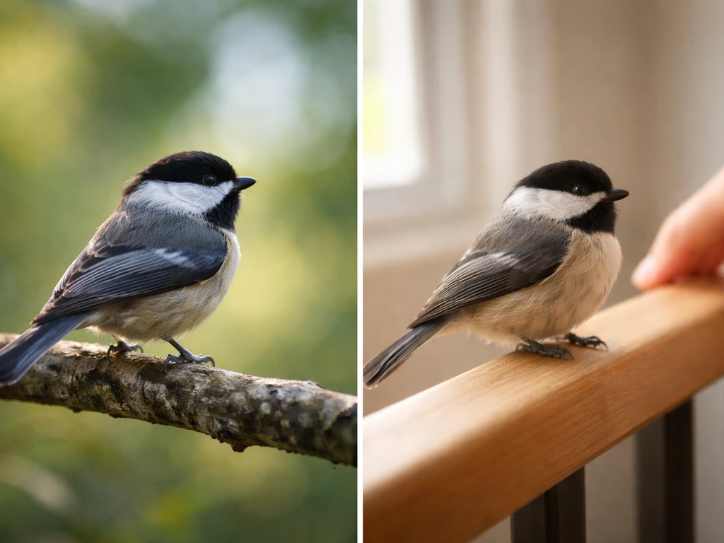 Two contrasting bird scenes: one wild bird wary at a distance, one tame bird calm near a person.