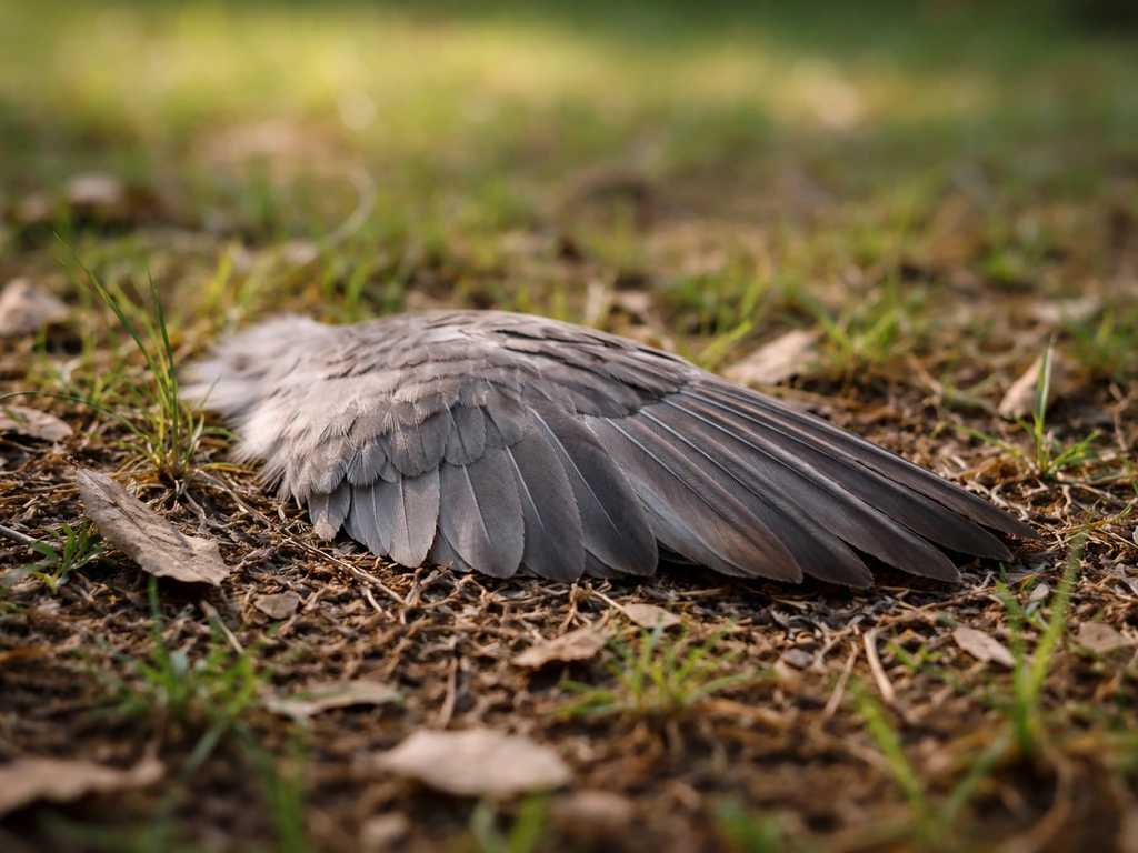 A single bird wing resting on grass and leaf litter in soft natural light