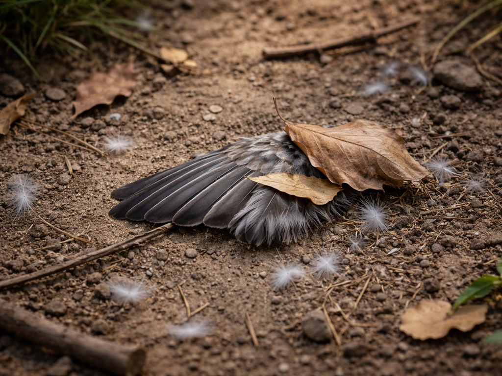 A small bird wing on dirt near scattered feathers and leaves in an outdoor yard-like setting.