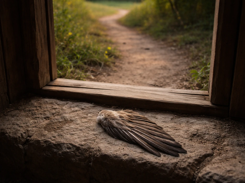 Weathered bird wing placed by a wooden doorway threshold as morning light leads along a path.