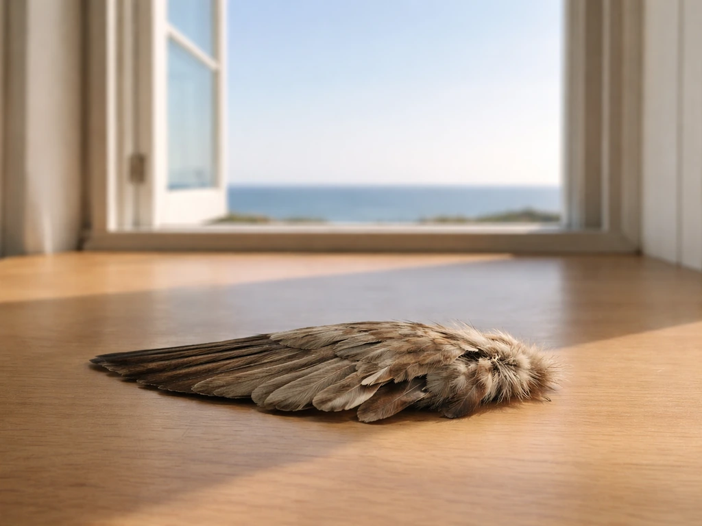 A weathered found wing laid flat beside an open window with a bright sky view, symbolizing freedom to move.