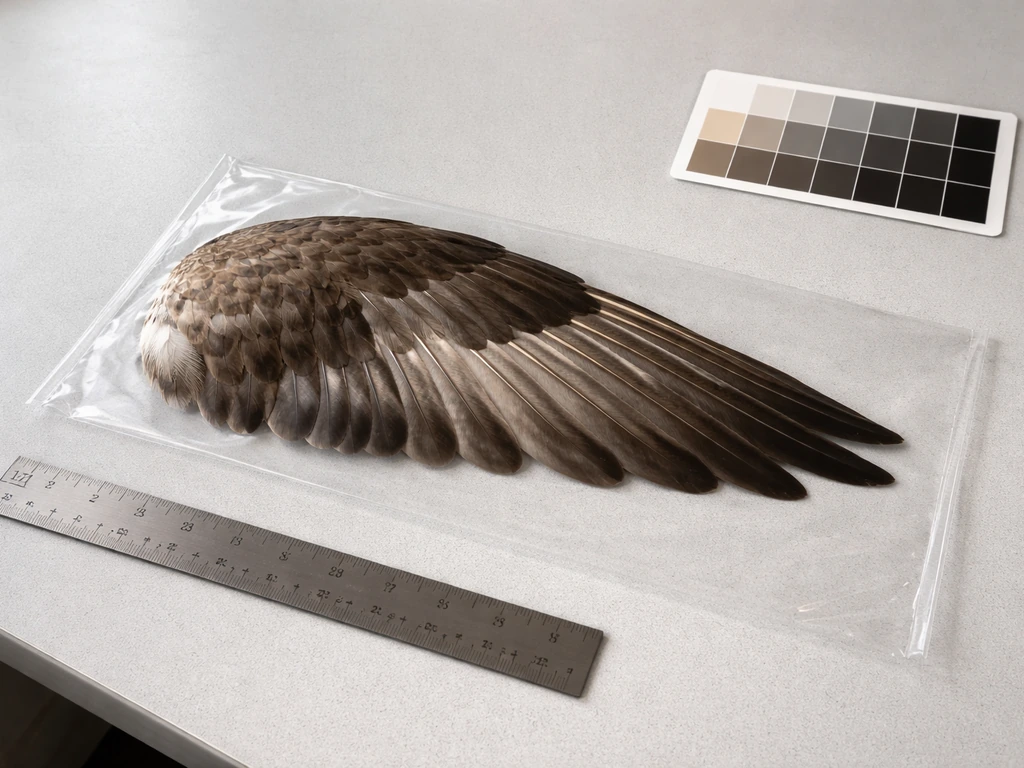 Bird wing specimen laid flat with a ruler for scale and a blank color reference card beside it.