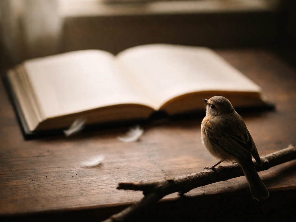 Moody small songbird perched beside an open book, soft light suggesting truth and gentle wisdom.