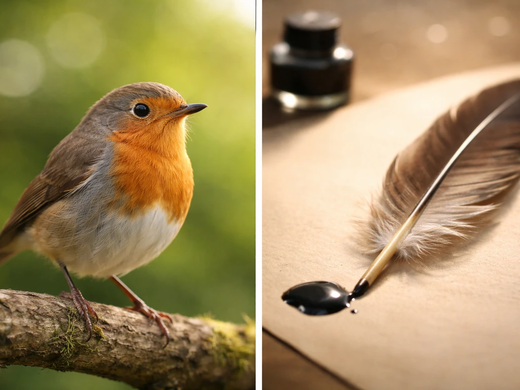 Left: close-up of a warm-lit songbird; right: quill and ink-like reflections suggesting figurative truth.