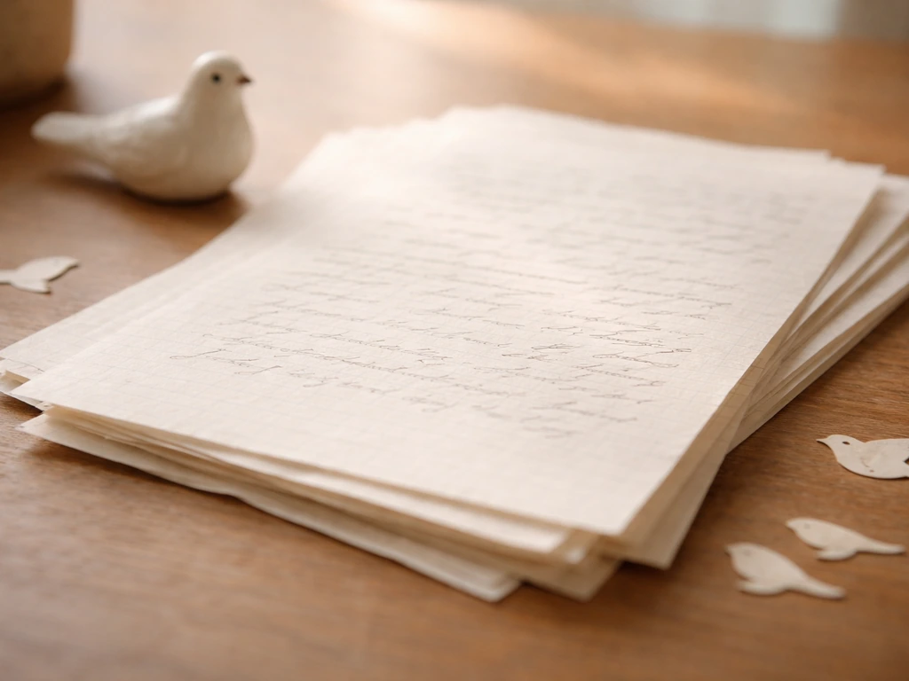 A small white dove perched near handwritten poetic pages, symbolizing bird song in language.
