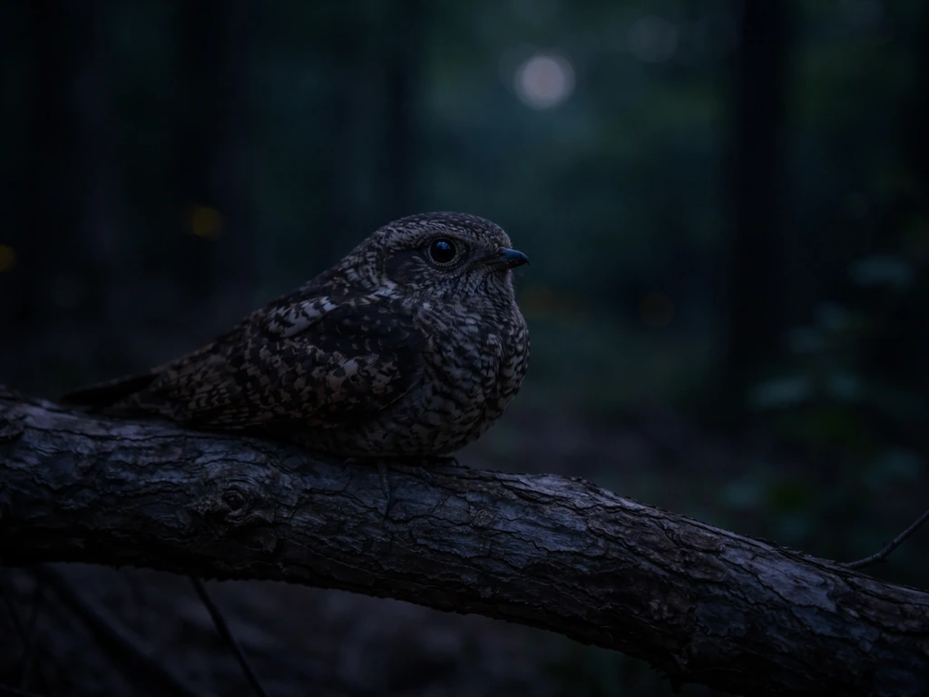 Nightjar perched at dusk on a tree branch, eyes catching faint twilight light in a dark forest.