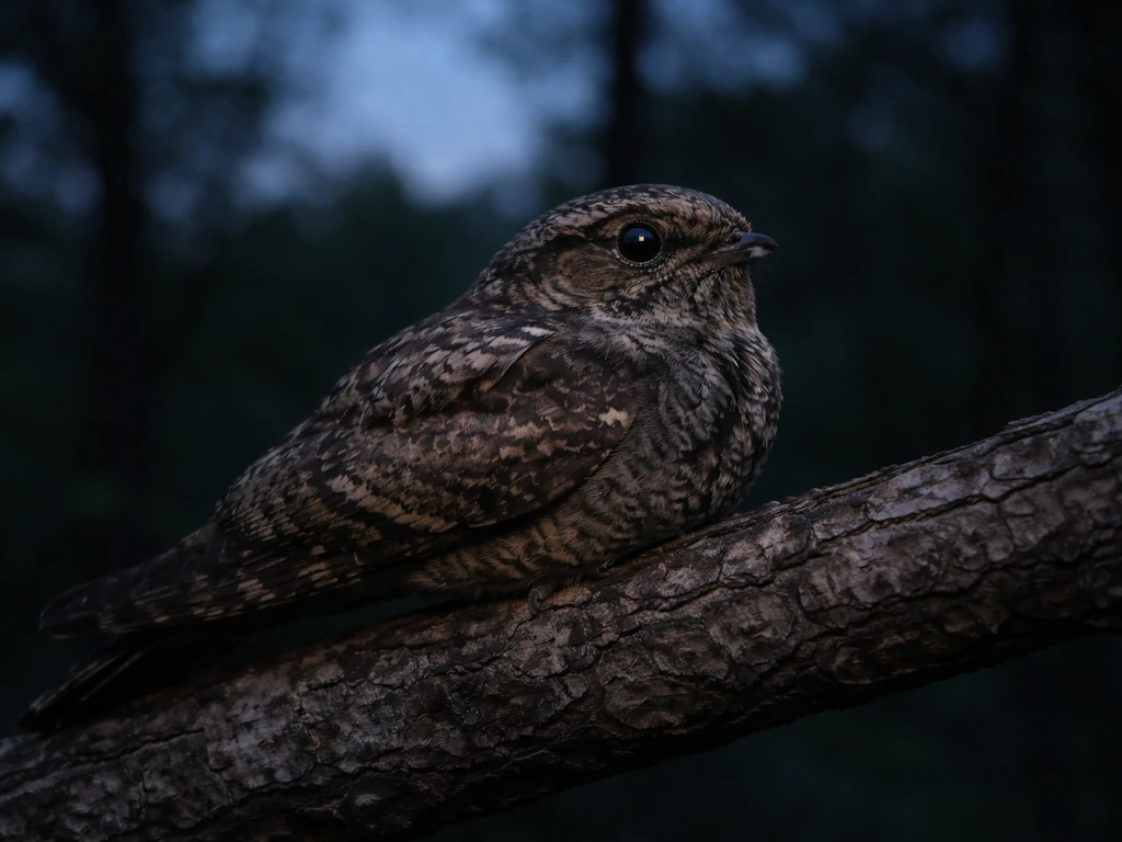 A camouflaged nightjar perched on a tree branch at dusk, with large eyes in twilight light.