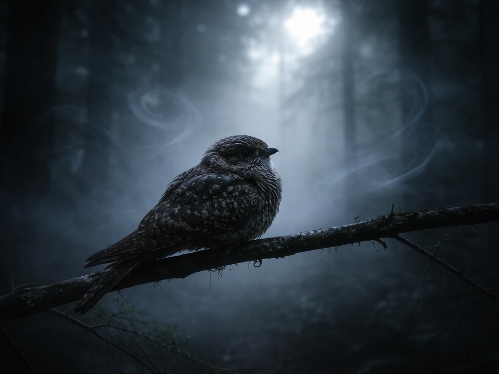 A nightjar perched in mist under moonlight, with subtle swirling dreamlike shadows behind it.