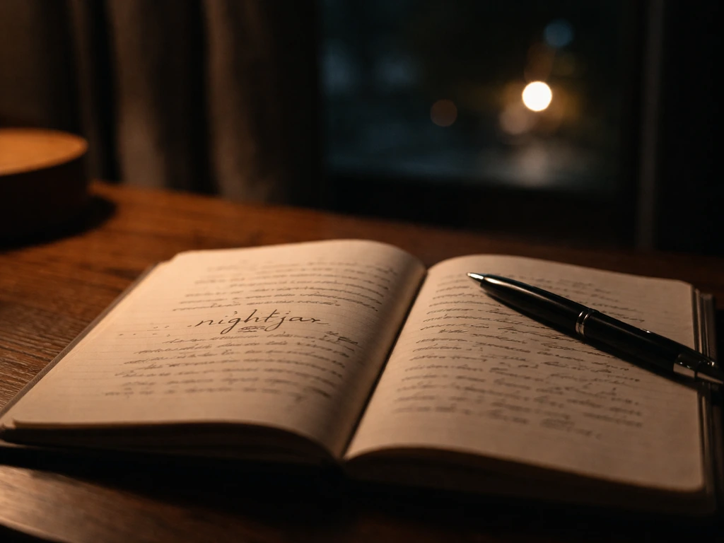 Close-up of a nighttime journal page with handwritten notes and the word “nightjar” visible.