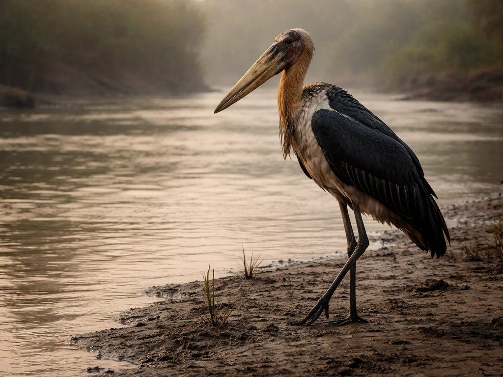 A dark-plumaged adjutant stork stands on a wet riverbank, showing its massive bill and dramatic presence.