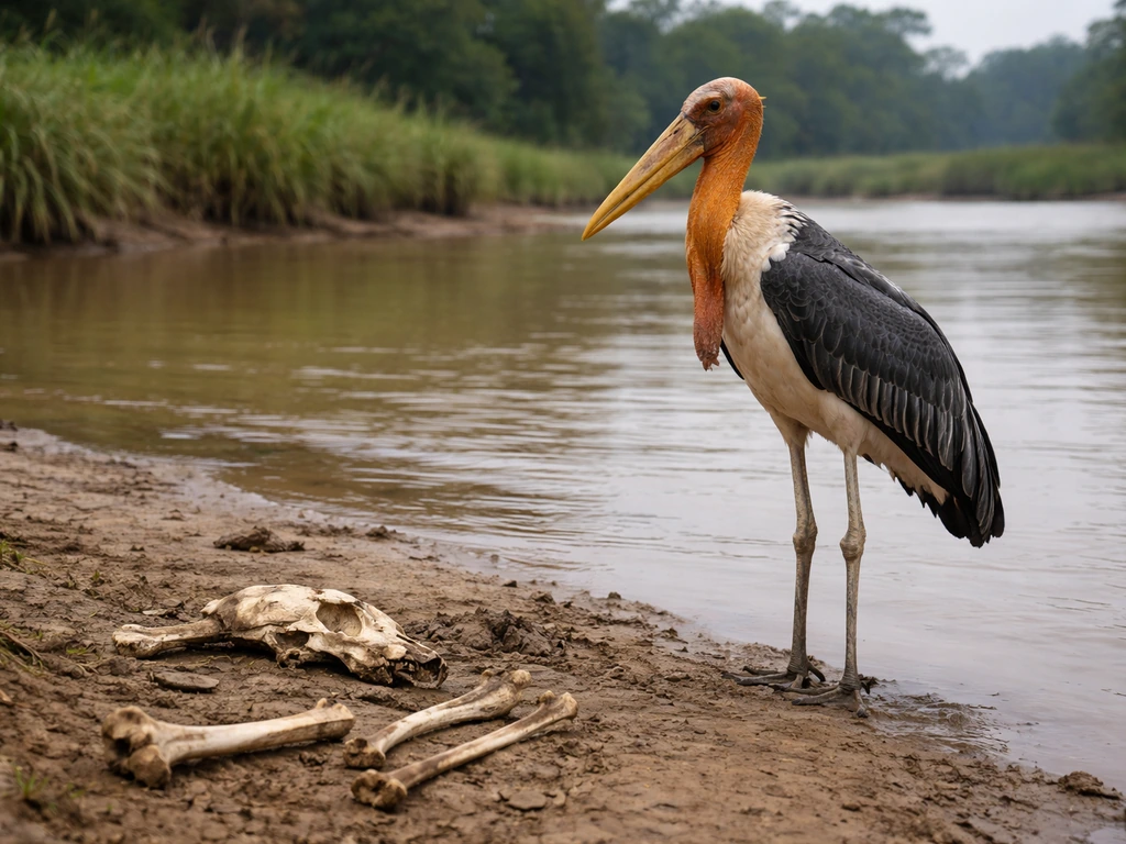 Greater Adjutant stork on a rural riverbank near a few weathered bones, Assam/Bengal landscape.