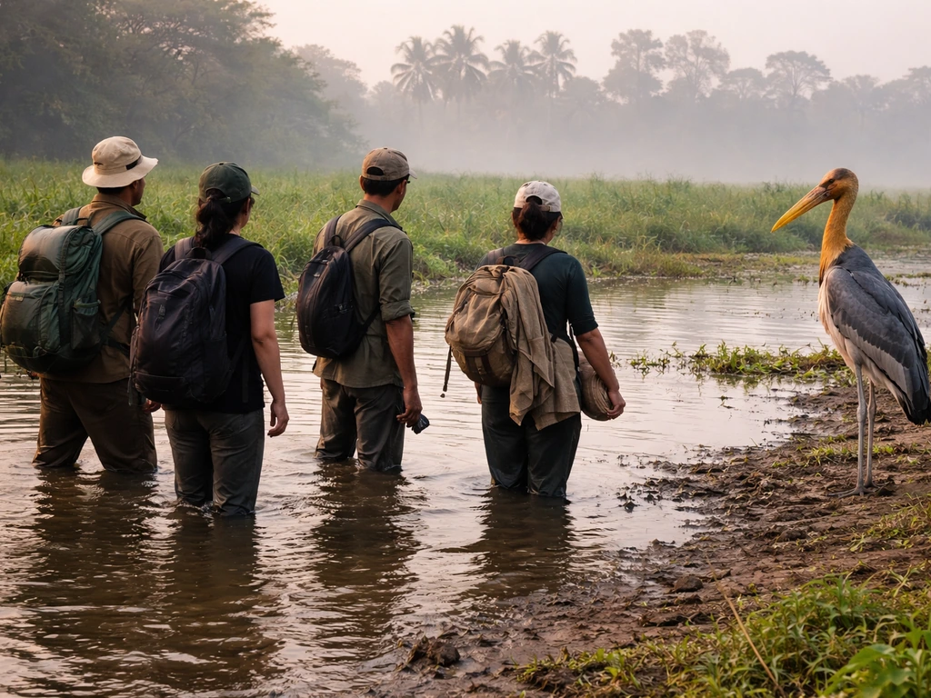 Anonymous volunteers at a wetland edge with a Greater Adjutant stork nearby at dawn.