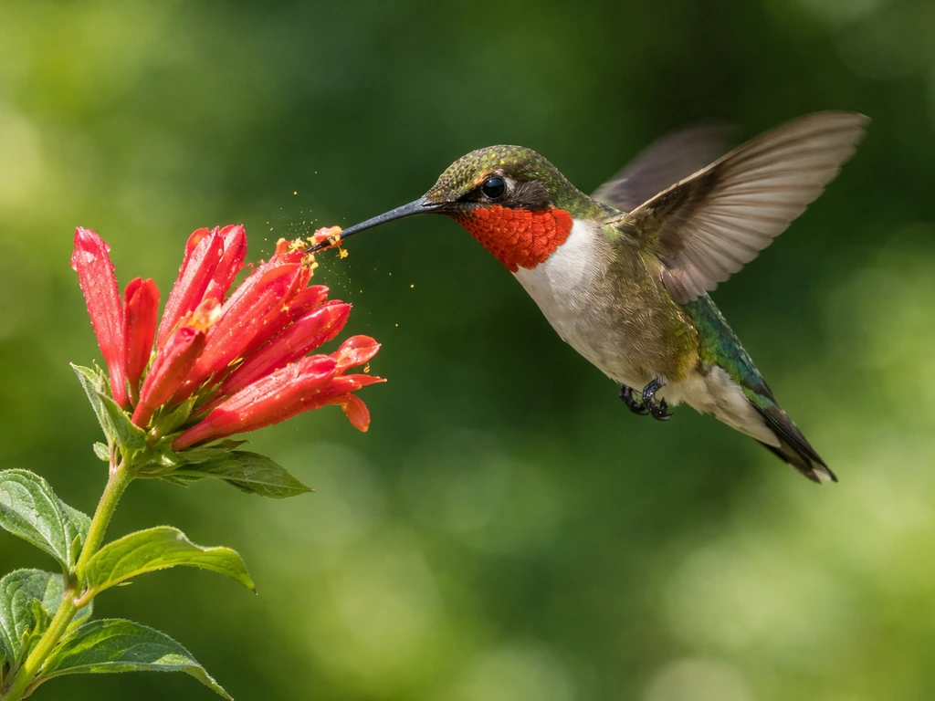 Vibrant hummingbird hovering near a bright flowering plant, feeding on nectar in natural light.