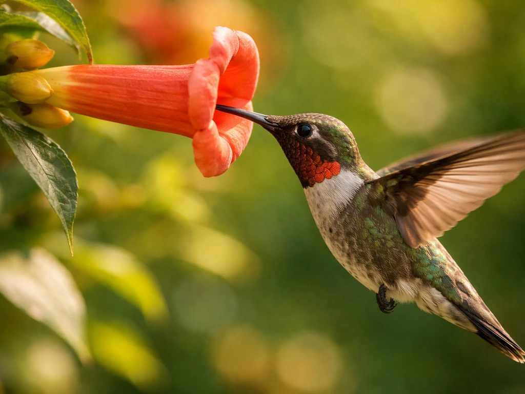 Close-up hummingbird hovering and feeding from a trumpet-vine nectar flower