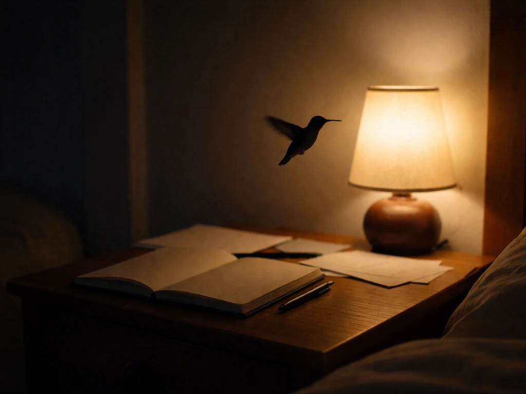 Hummingbird silhouette and soft light beside an open bedside notebook in a dark, calm bedroom.