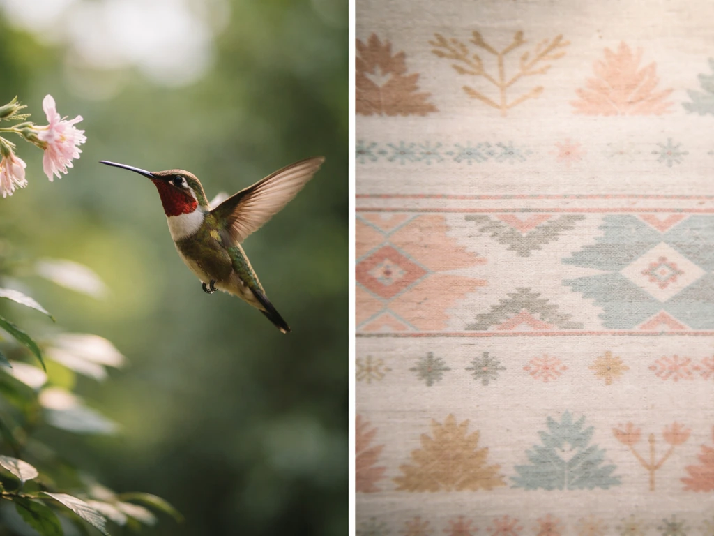 Hummingbird hovering beside a softly blurred traditional pattern backdrop, symbolizing shifting meanings across cultures