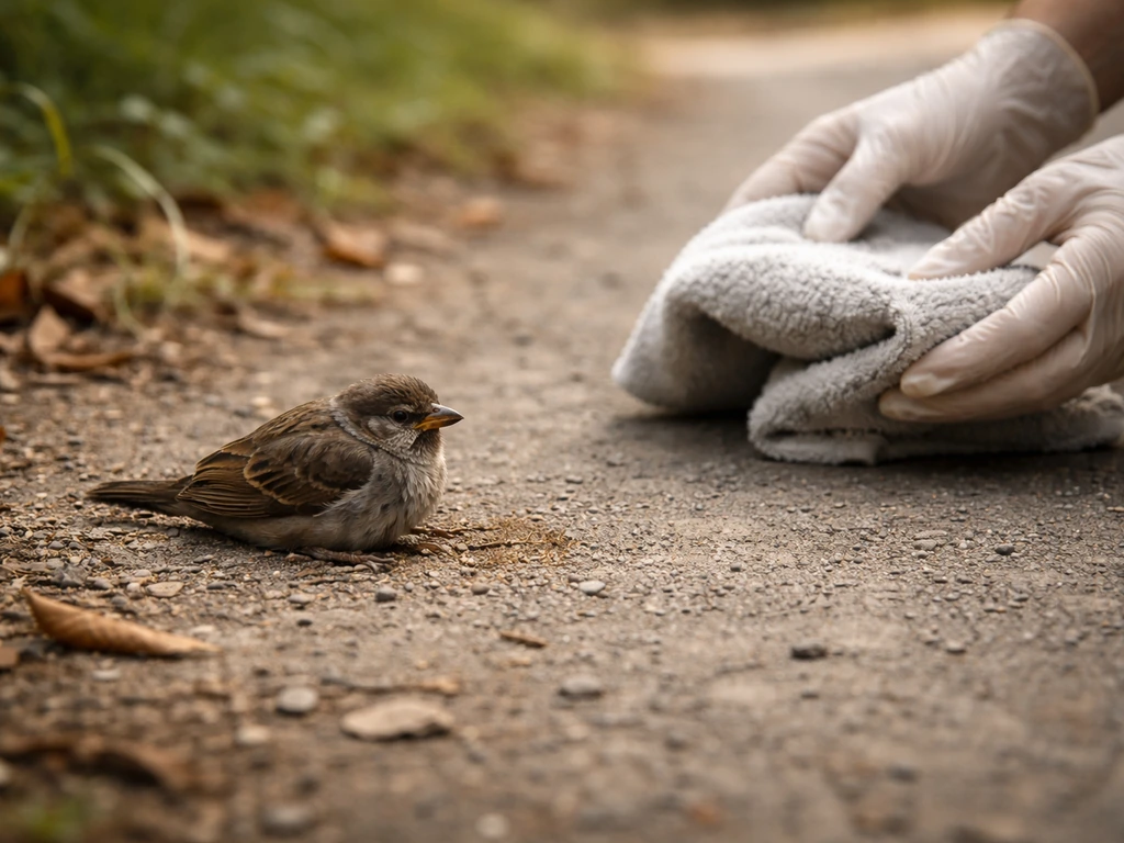 Small injured bird resting on the ground while a gloved caregiver gently offers a towel nearby.