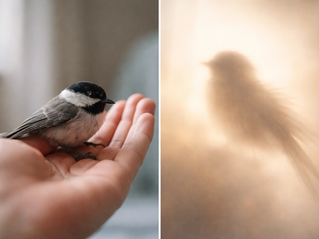 Split image: a small bird on a hand (literal) and an abstract tender bird silhouette in warm light (figurative).